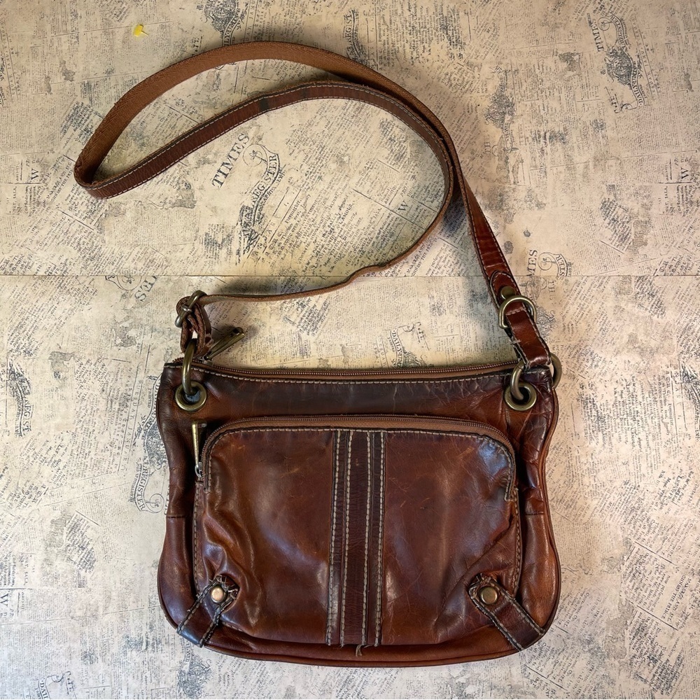 Fossil Leather Crossbody Bag Decorative Stitching Shoulder Purse Boho Style